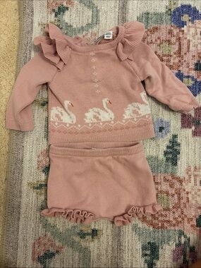Janie and Jack Pink Swan Knit Ruffle Sweater Set